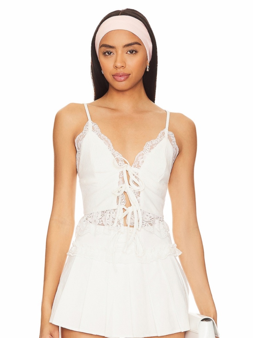 Superdown Revolve White Lace Trim Tie Front Ribbed Avery Dainty Top Size S NWT